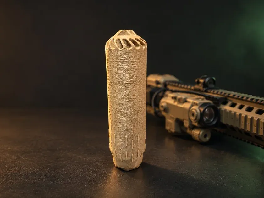 Carcasa táctica impresa en 3D por YATZAR junto a una réplica de airsoft